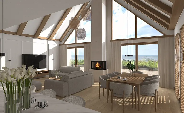 Wnętrze salonu w stylu japandi i minimalistycznym z kominkiem.