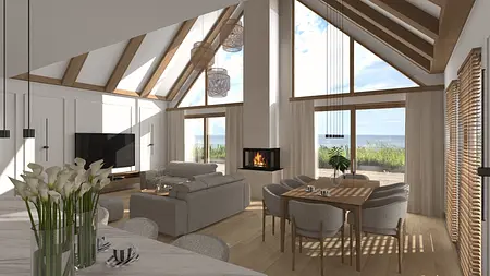 Wnętrze salonu w stylu japandi i minimalistycznym z kominkiem.