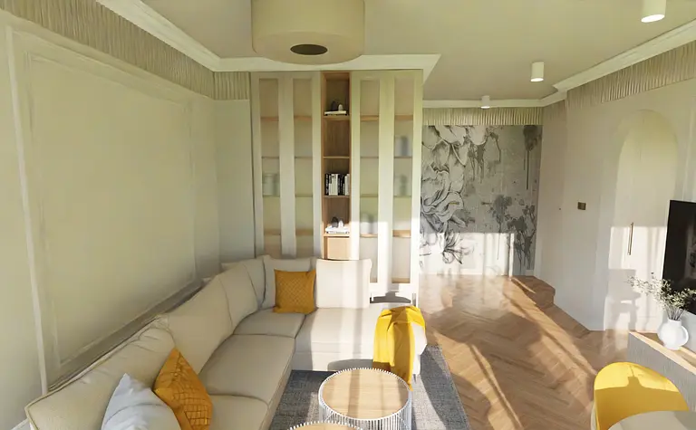 Współczesny salon z beżową sofą, żółtymi poduszkami i drewnianą podłogą.