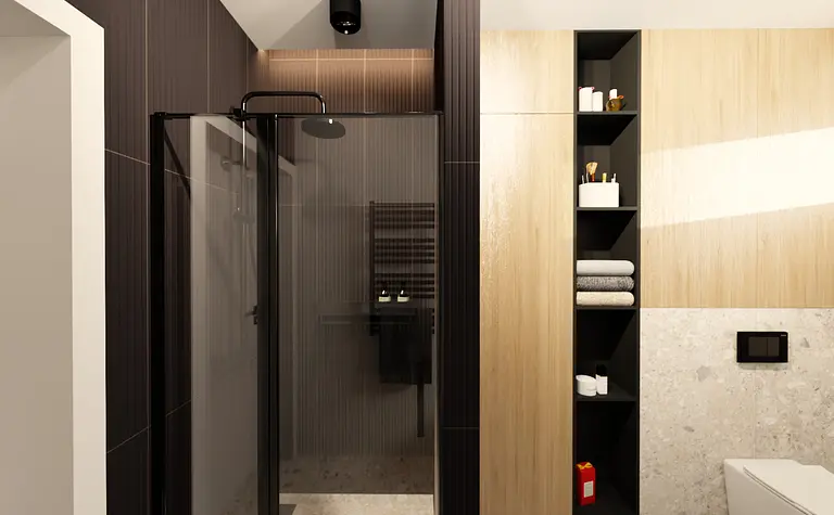 Nowoczesna łazienka z drewnianymi elementami i minimalistycznym wykończeniem, glamour i industrialny styl.