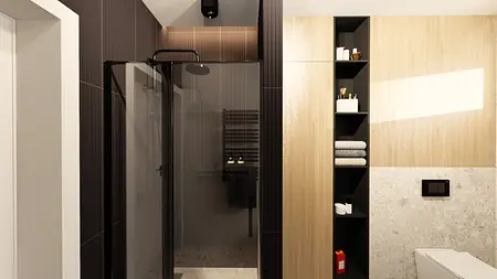 Nowoczesna łazienka z drewnianymi elementami i minimalistycznym wykończeniem, glamour i industrialny styl.