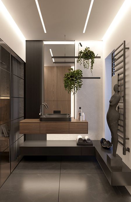 Nowoczesna łazienka z minimalistycznym wystrojem, drewnianą umywalką i roślinami.
