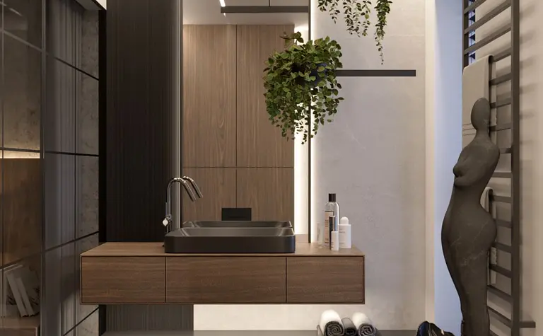 Nowoczesna łazienka z minimalistycznym wystrojem, drewnianą umywalką i roślinami.