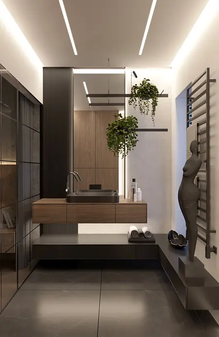 Nowoczesna łazienka z minimalistycznym wystrojem, drewnianą umywalką i roślinami.