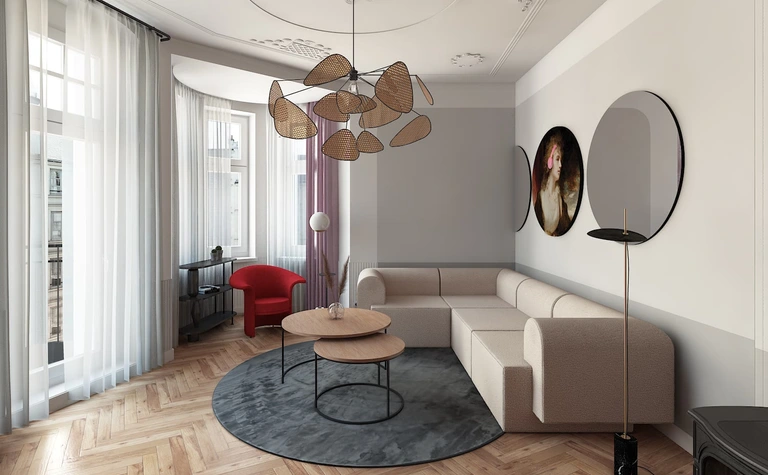 Wnętrze salonu z beżową sofą, czerwonym fotelem i nowoczesnym oświetleniem dopamine decor.