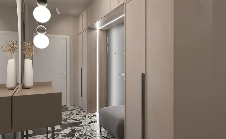 Przedpokój w stylu japandi, minimalistycznym i nowoczesnym z beżowymi meblami.