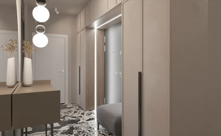 Przedpokój w stylu japandi, minimalistycznym i nowoczesnym z beżowymi meblami.