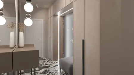 Przedpokój w stylu japandi, minimalistycznym i nowoczesnym z beżowymi meblami.