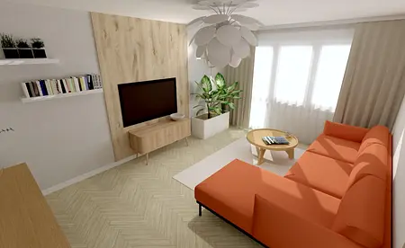 Wnętrze salonu z pomarańczową sofą, drewnianym stolikiem i roślinnością.