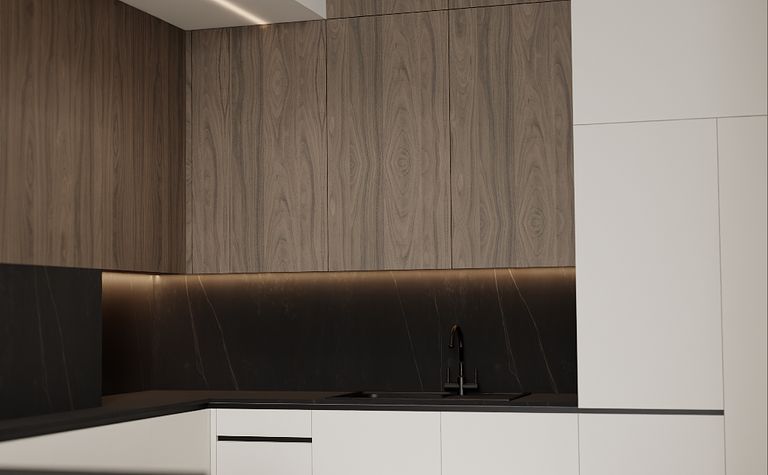 Nowoczesna kuchnia z drewnianymi szafkami i czarnym blatem.