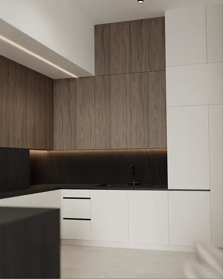 Nowoczesna kuchnia z drewnianymi szafkami i czarnym blatem.