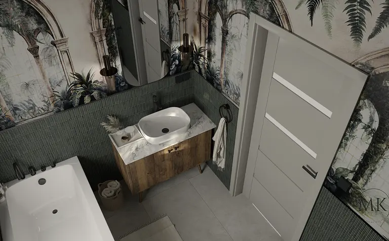 Wnętrze łazienki w stylu art deco i boho z nowoczesnym umywalką.