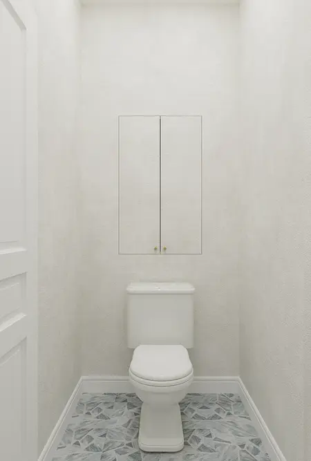 Toaleta w stylu art deco z białą ceramiką i szarym wykończeniem, minimalistyczne detale.
