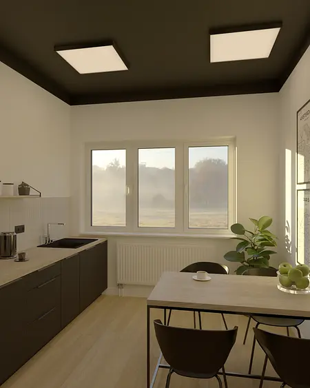 Kuchnia w stylu industrialnym z czarnymi meblami i drewnianym blatem.