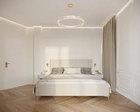 Sypialnia w stylu quiet luxury z białym łóżkiem i drewnianą podłogą.