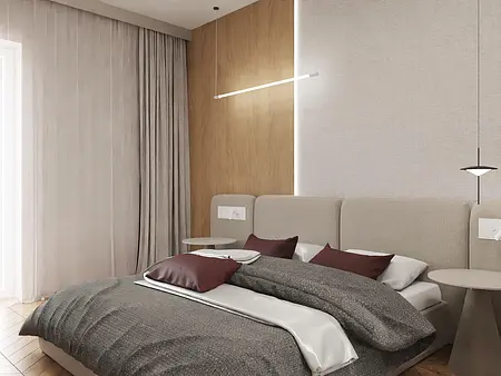 Wnętrze sypialni w stylu japandi, minimalistycznym i nowoczesnym z drewnianymi akcentami.