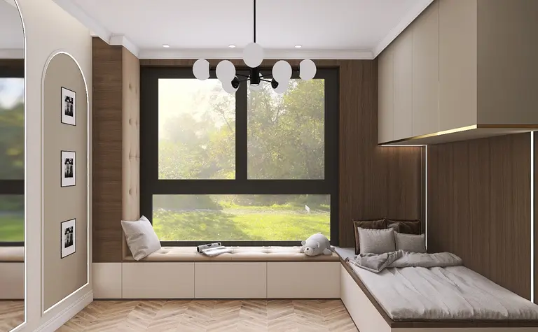 Pokój dziecięcy z nowoczesnym oświetleniem i drewnianymi detalami w stylu glamour.