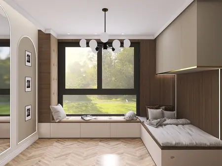 Pokój dziecięcy z nowoczesnym oświetleniem i drewnianymi detalami w stylu glamour.