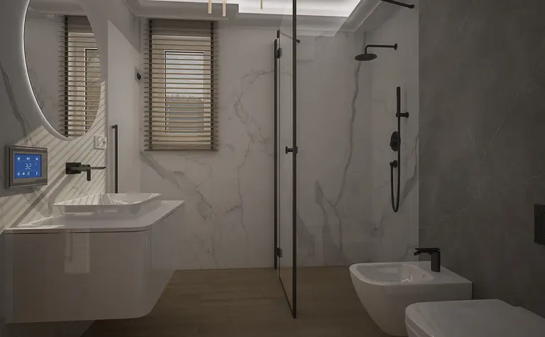 Wnętrze nowoczesnej łazienki z marmurowymi ścianami, tradycyjnymi akcentami i quiet luxury.