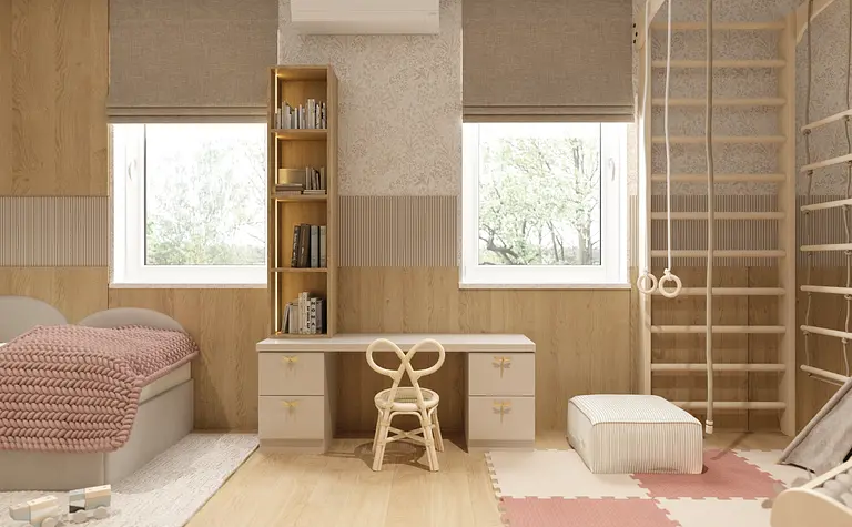 Pokój dziecięcy w stylu boho z drewnianymi meblami i wieloma akcesoriami.