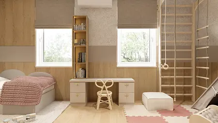 Pokój dziecięcy w stylu boho z drewnianymi meblami i wieloma akcesoriami.