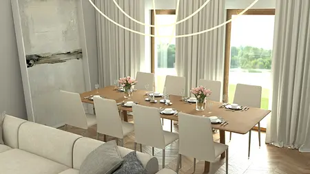 Jadalnia z drewnianym stołem, jasnymi krzesłami i kwiatami, styl minimalistyczny
