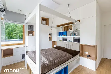 Sypialnia w stylu industrialnym i minimalistycznym z białymi meblami oraz drewnianymi detalami.