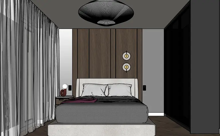 Nowoczesna sypialnia z minimalistycznym wystrojem, drewnianą ścianą i eleganckim oświetleniem.