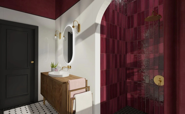 Wnętrze łazienki z szafką, czerwoną glazurą i minimalistycznymi akcentami art deco