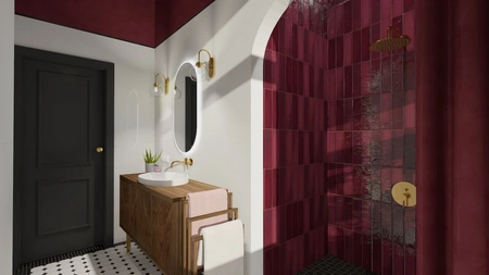 Wnętrze łazienki z szafką, czerwoną glazurą i minimalistycznymi akcentami art deco