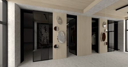 Minimalistyczna garderoba z drewnianymi ścianami i dużymi lustrami