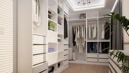 Garderoba w stylu nowoczesnym z białymi meblami i rośliną.