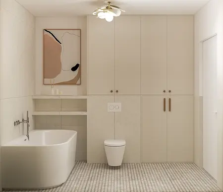 Wnętrze łazienki w stylu eklektycznym z minimalistycznymi meblami