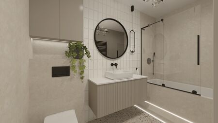 Wnętrze łazienki z umywalką, lustrem i rośliną w stylu japandi.