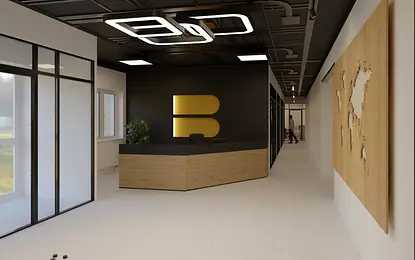 Wnętrze biura z recepcją, drewnianym biurkiem i industrialnym stylem.