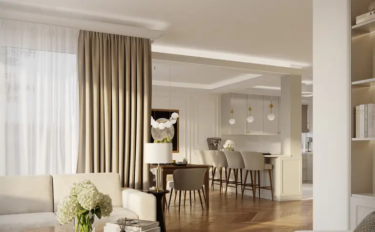 Wnętrze salonu w stylu quiet luxury z nowoczesnym oświetleniem.