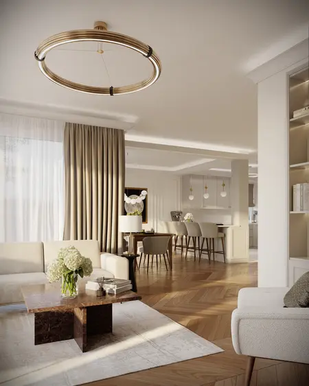 Wnętrze salonu w stylu quiet luxury z nowoczesnym oświetleniem.