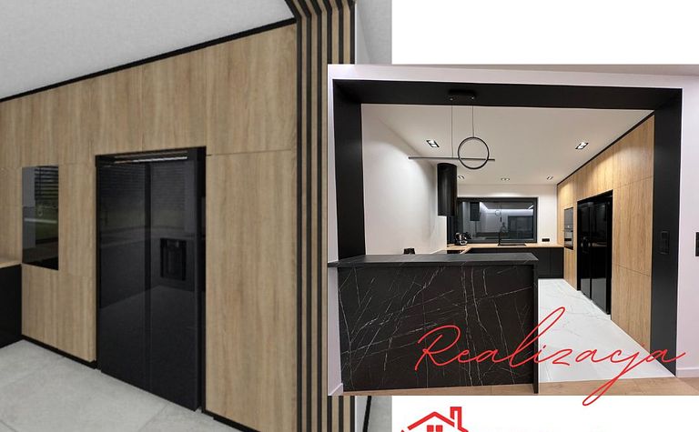 Wnętrze kuchni z drewnianymi meblami, czarnymi akcentami w stylu minimalistycznym, nowoczesnym.