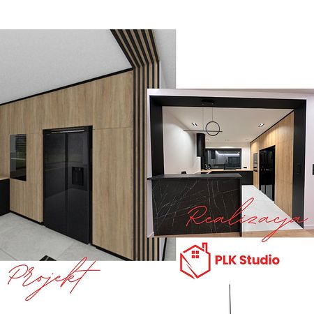 Wnętrze kuchni z drewnianymi meblami, czarnymi akcentami w stylu minimalistycznym, nowoczesnym.