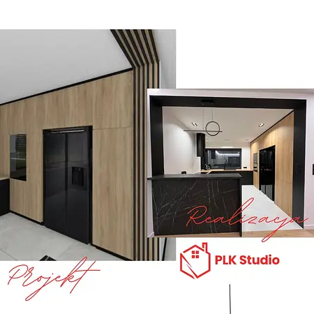 Wnętrze kuchni z drewnianymi meblami, czarnymi akcentami w stylu minimalistycznym, nowoczesnym.