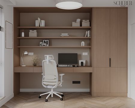 Wnętrze biura w stylu japandi i minimalistycznym z drewnianym biurkiem i białym krzesłem.