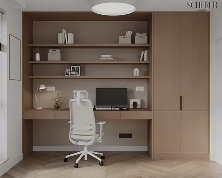 Wnętrze biura w stylu japandi i minimalistycznym z drewnianym biurkiem i białym krzesłem.