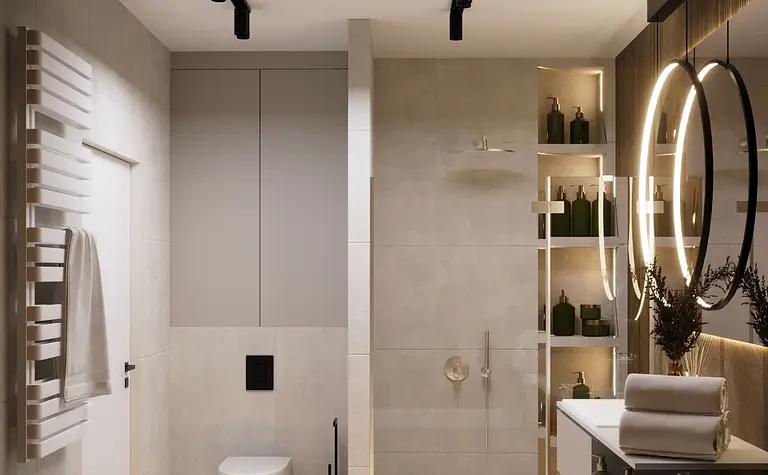 Nowoczesna łazienka eklektyczna z minimalistycznym wykończeniem i glamour detalami.