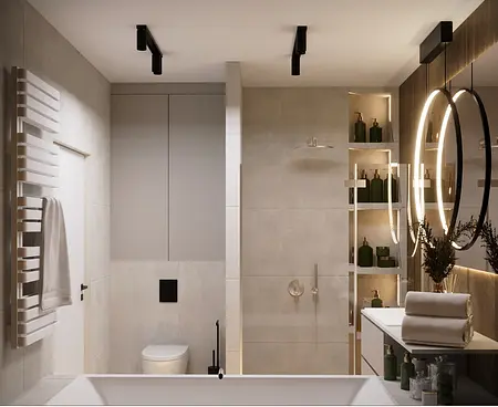 Nowoczesna łazienka eklektyczna z minimalistycznym wykończeniem i glamour detalami.