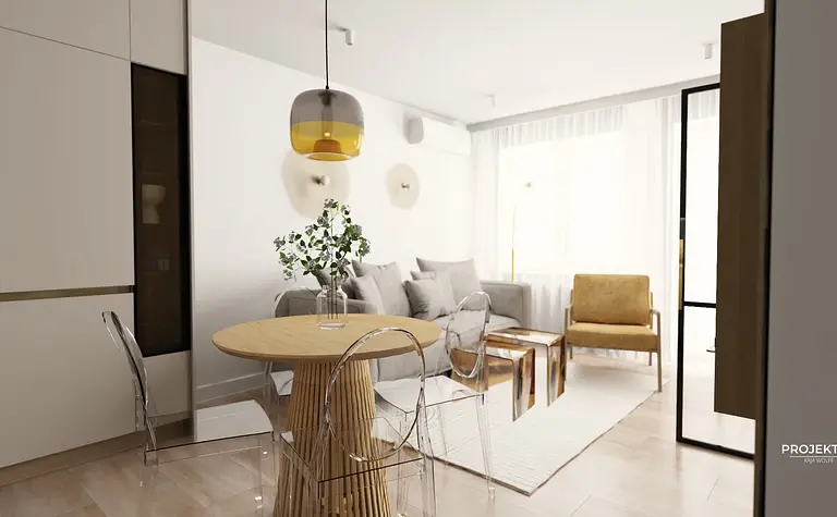 Wnętrze salonu w stylu boho i skandynawskim z drewnianym stołem.
