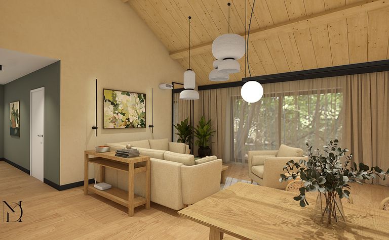 Natura, harmonia i spokój - wnętrza domu z sufitem katedralnym