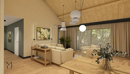 Natura, harmonia i spokój - wnętrza domu z sufitem katedralnym