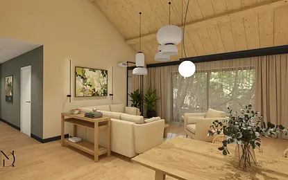 Natura, harmonia i spokój - wnętrza domu z sufitem katedralnym