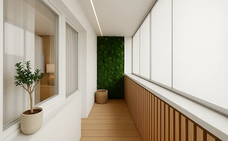 Balkon w stylu industrialnym z drewnianą balustradą i roślinnością.