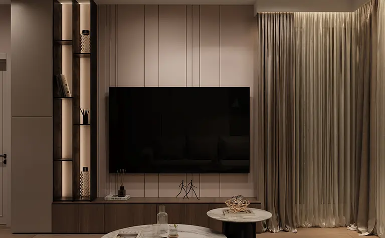 Wnętrze salonu minimalistycznego z szarymi meblami i drewnianymi detalami.